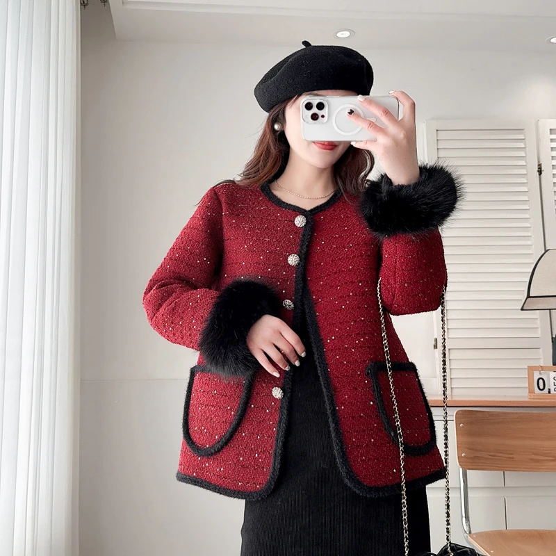 大码胖mm小香风洋气显瘦加绒加厚保暖外套冬季红色短款宽松上衣女