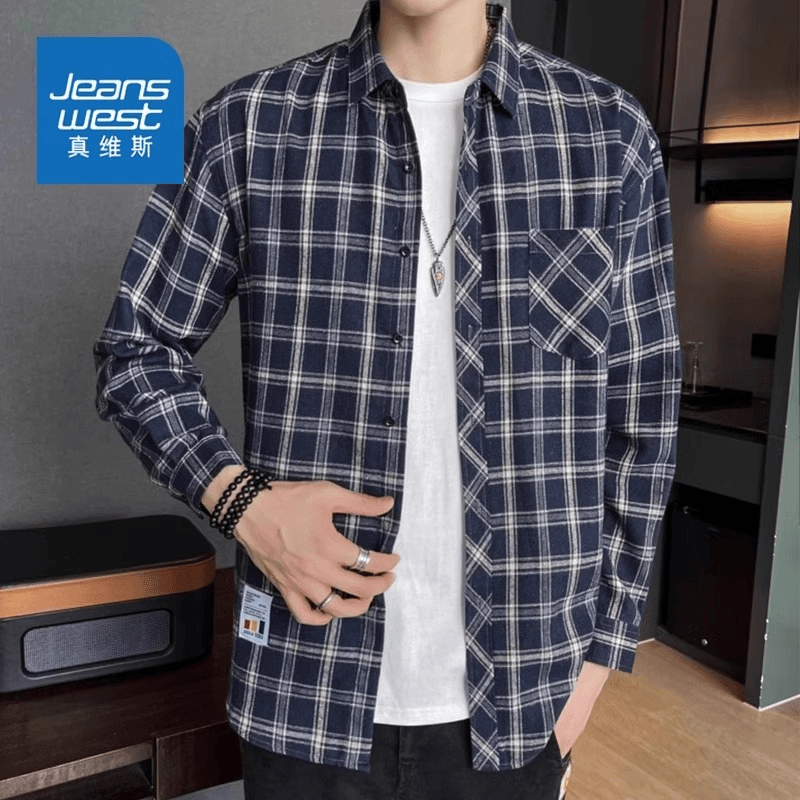 真维斯男士格子长袖衬衫2024春季青少年帅气上衣休闲外套男生秋季