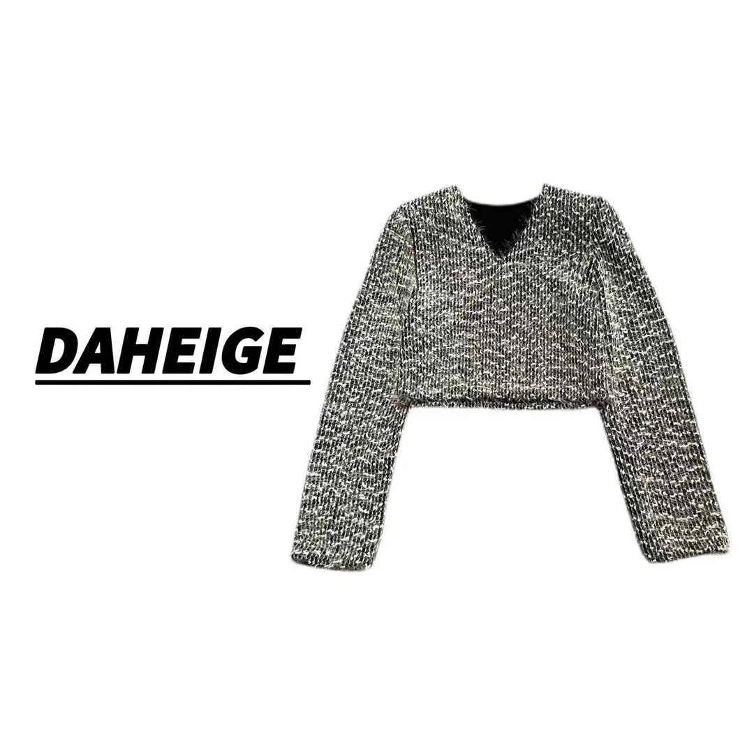 【D.hge】753#冬季气质显瘦亮丝V领短款毛针织衫长袖上衣女