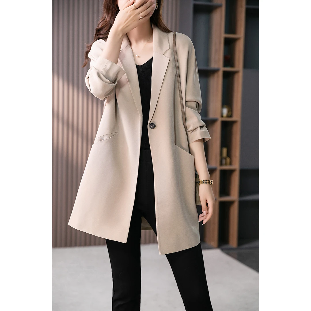 原形西装领风衣外套韩版二醋酸垂感显瘦大衣 89020