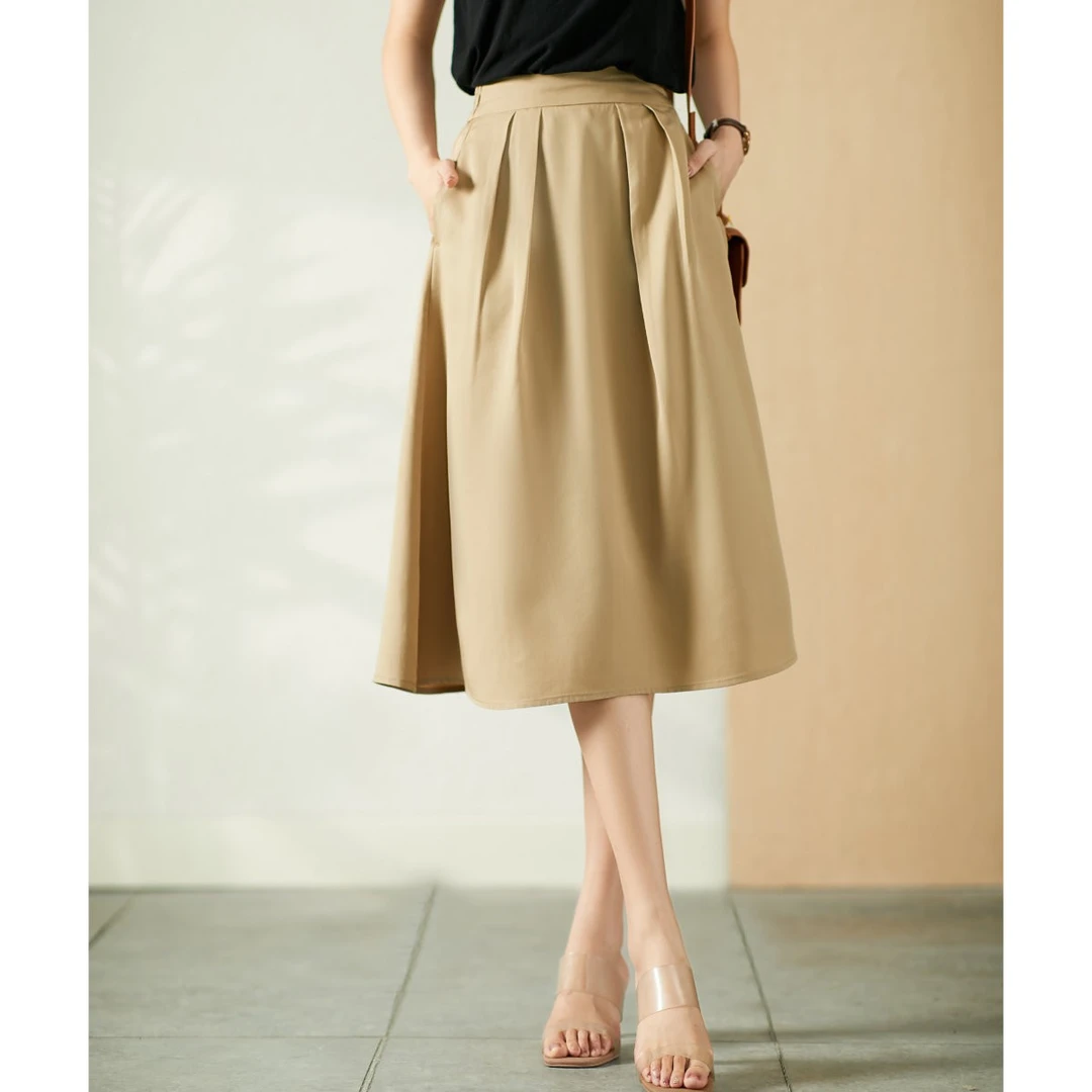 原形气质天丝半身裙女春季新款A字百褶裙高腰宽松显瘦裙子U84683