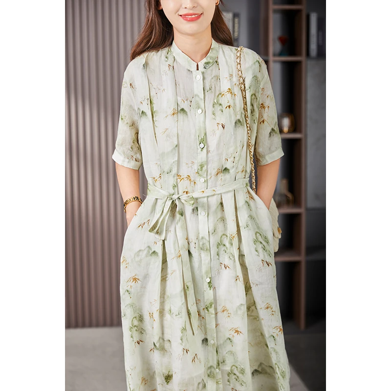 原形2025夏季气质优雅高端苎麻连衣裙韩版减龄系带收腰裙90028