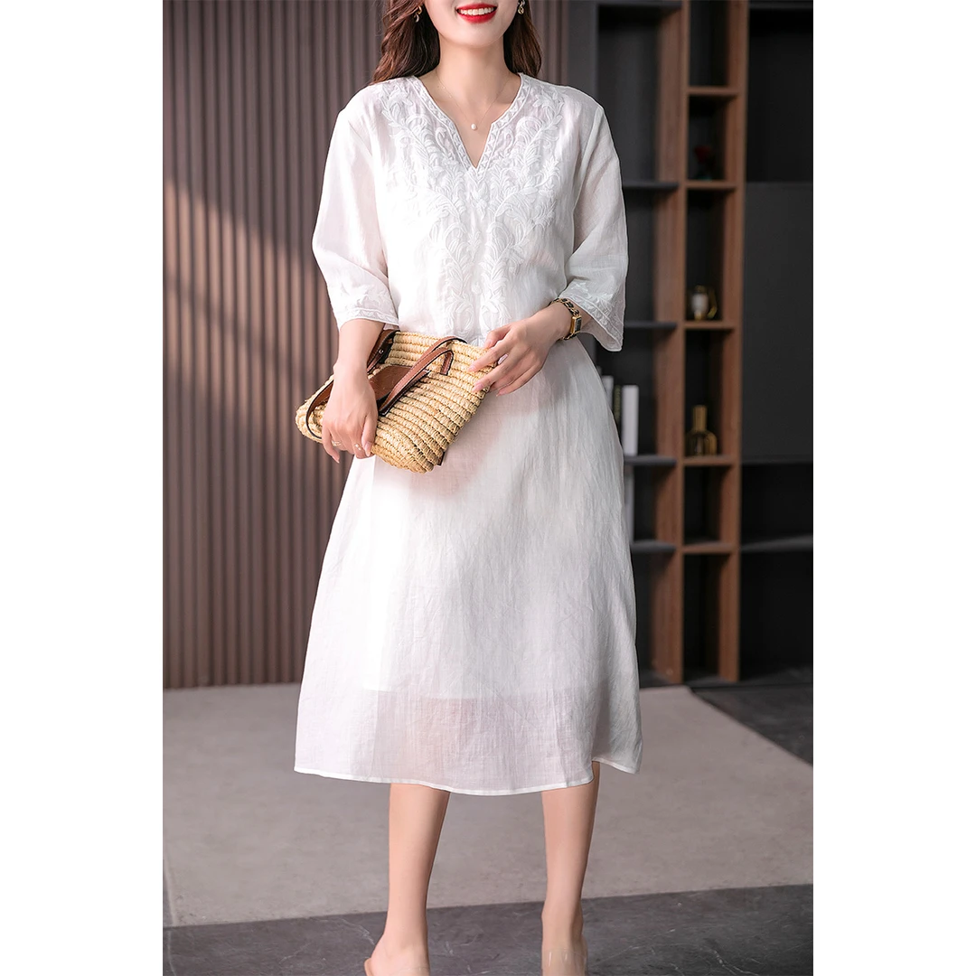 原形V领苎麻连衣裙女设计感绣花宽松显瘦女装连衣裙长裙89201