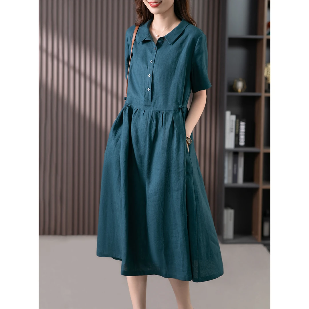 原形夏季高级感亚麻女装连衣裙韩版衬衫领文艺大摆长裙显瘦85835