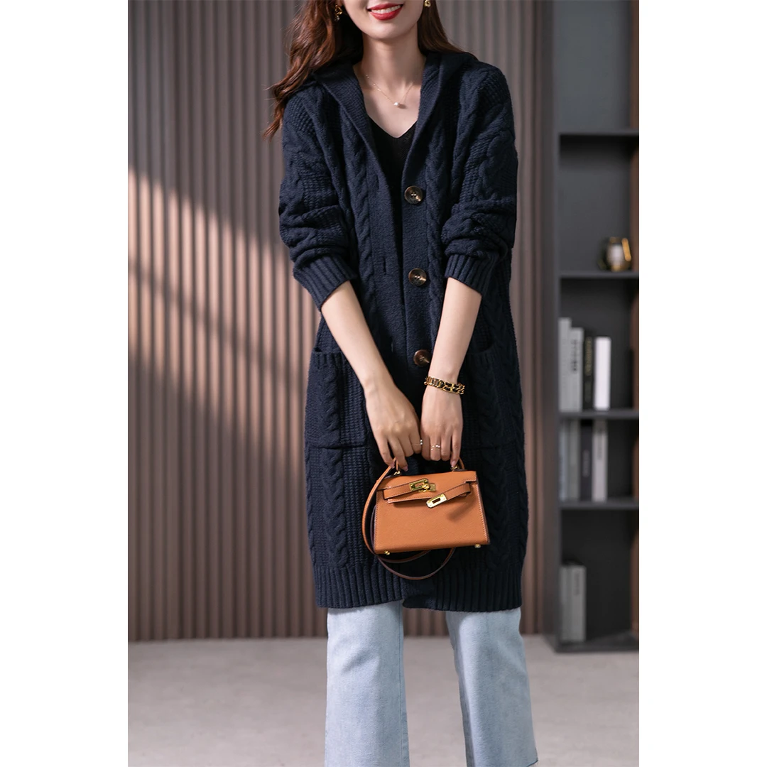 原形2025秋季复古麻花针织开衫宽松连帽百搭毛衣外套时尚U85932