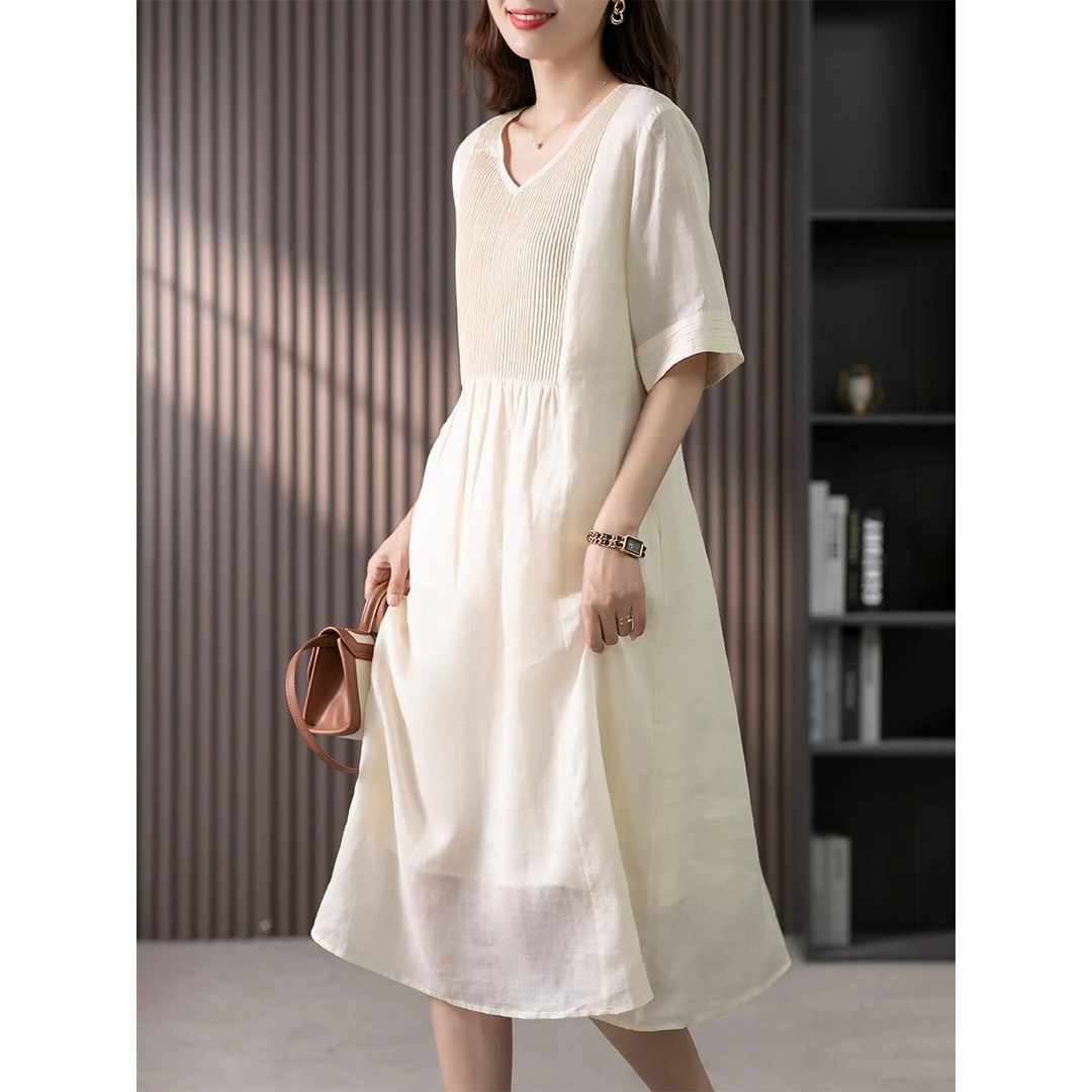 原形文艺V领苎麻a字连衣裙中长裙通勤女韩版设计感风琴褶85846