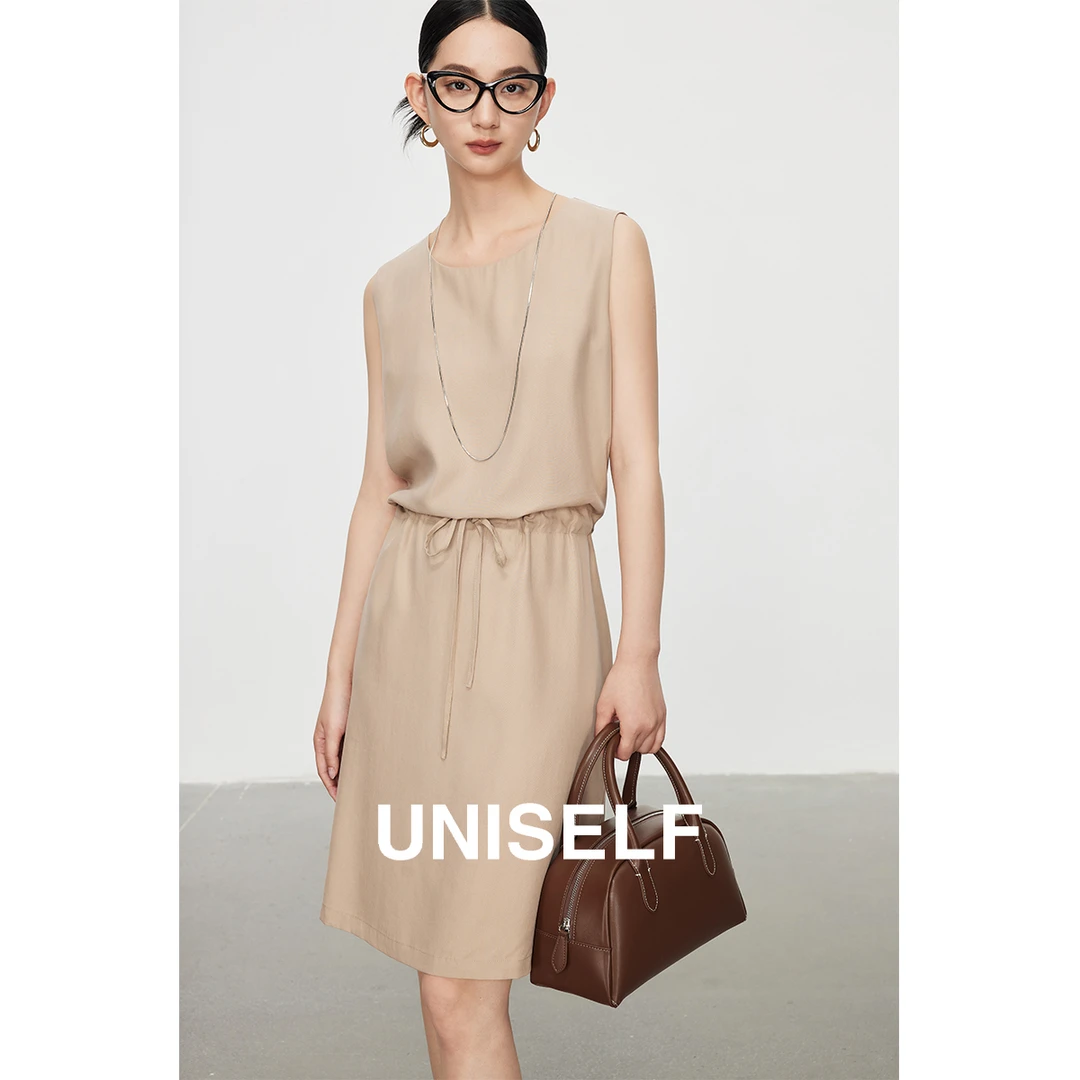 UNISELF法式纯色天丝连衣裙女休闲收腰无袖59188