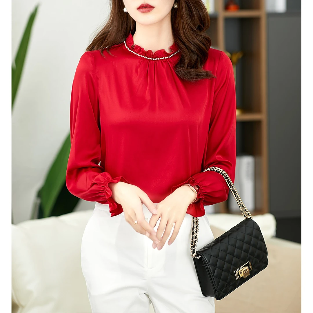 原形立领木耳边衬衫女韩版气质百搭荷叶边洋气长袖衬衣U68592