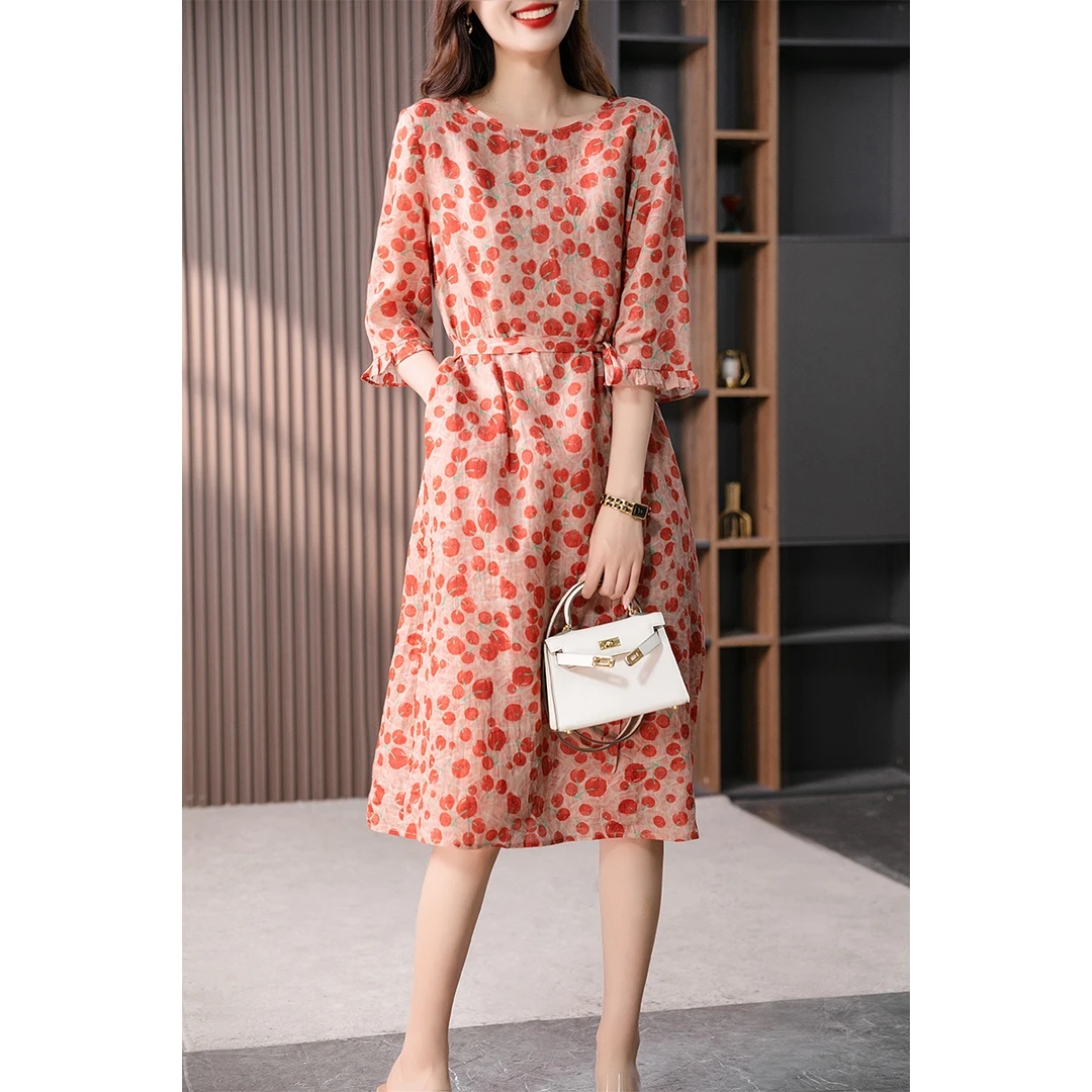 原形气质碎花苎麻小众连衣裙夏季新款韩版宽松显瘦直筒裙89039