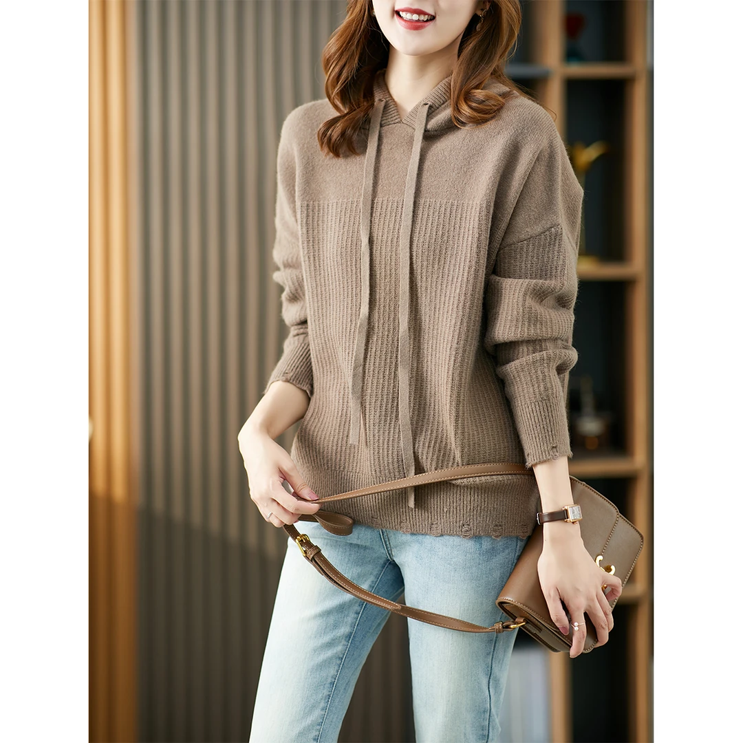 原形连帽针织衫女宽松时尚减龄慵懒风高级感毛衣U69146