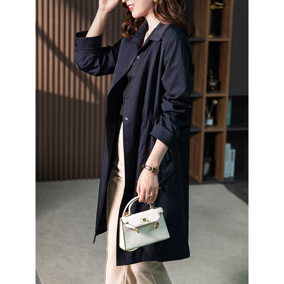 原形设计感气质春秋风衣外套中长款聚酯纤维女韩版收腰显瘦U85614