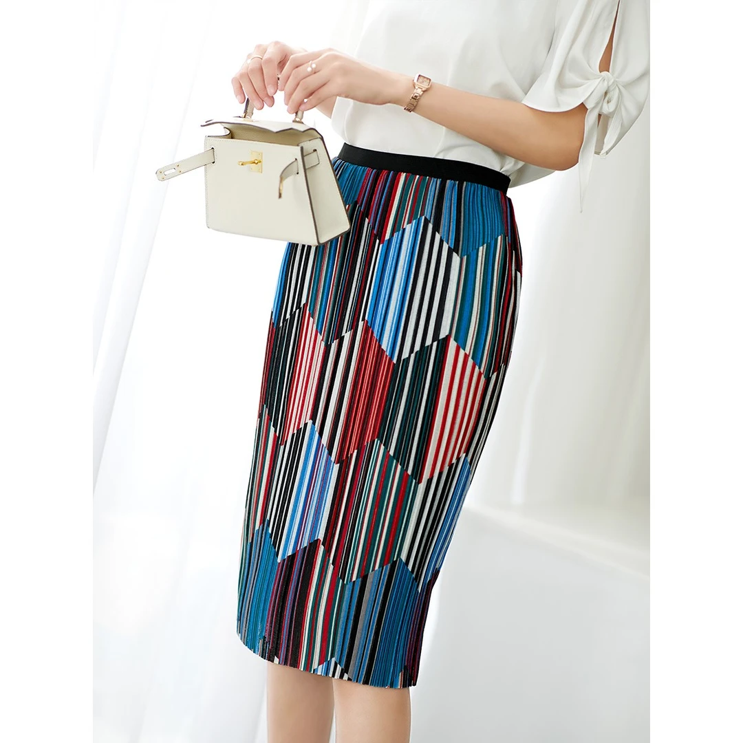 原形百褶包臀裙中长款半身裙宽松条纹春夏百搭59528