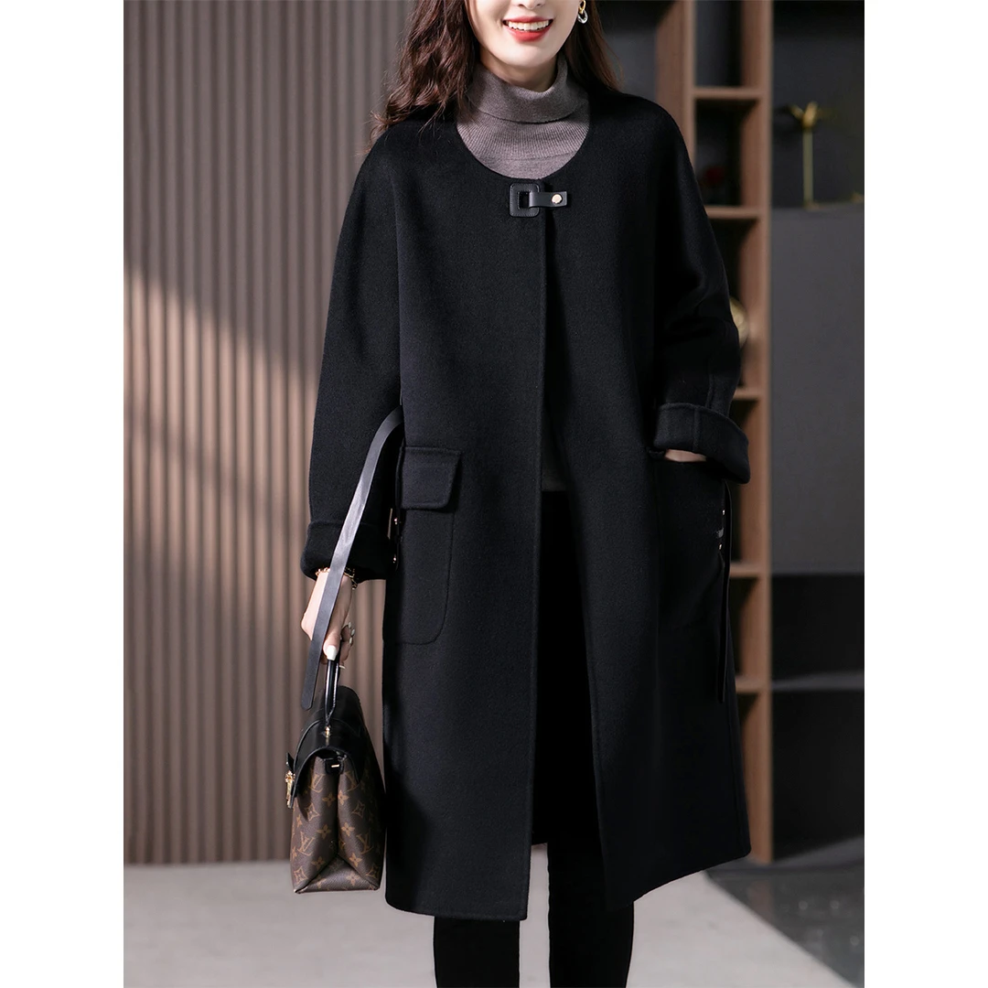 原形气质时尚休闲双面山羊绒大衣冬季韩版圆领呢外套87501-1