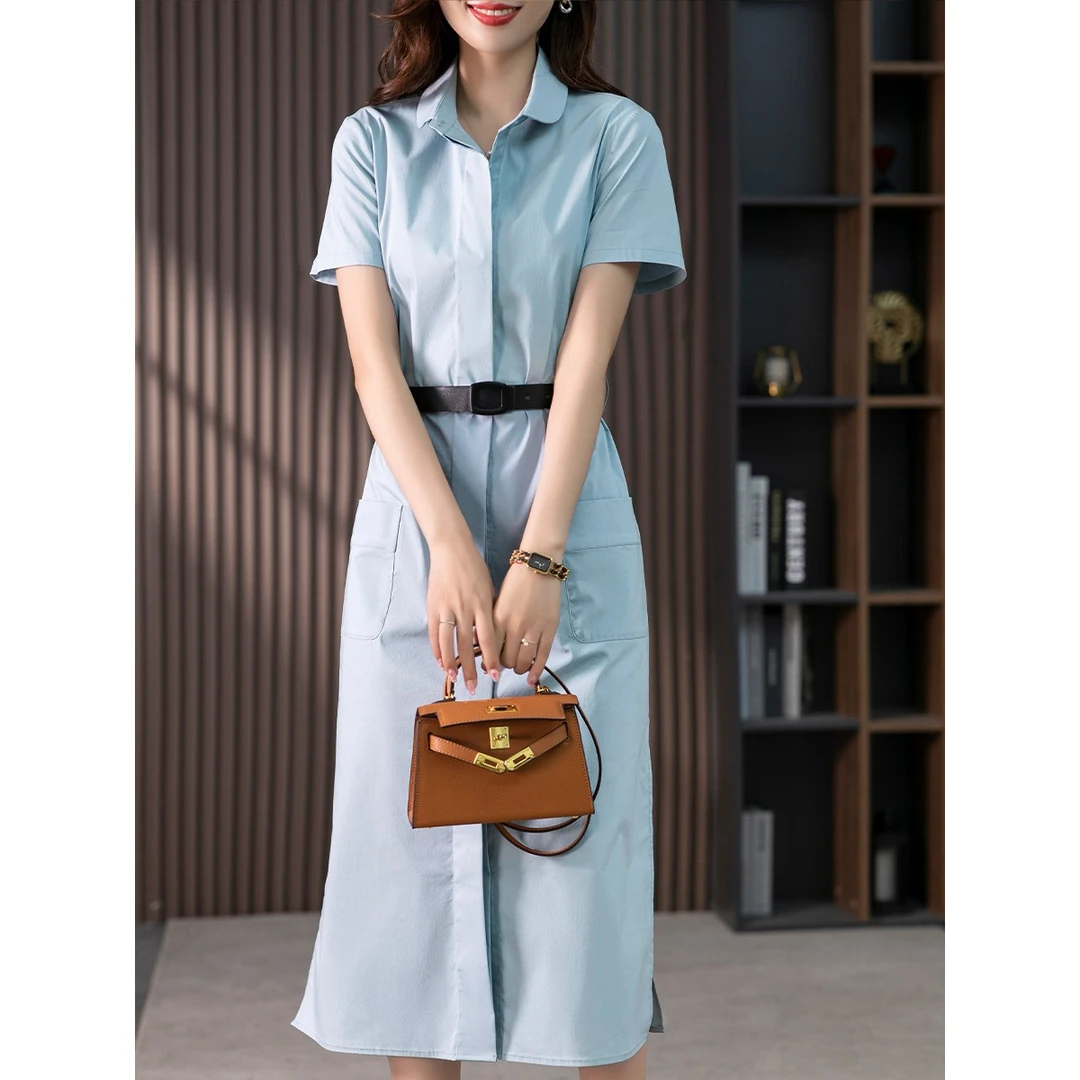 原形法式气质小众衬衫裙中长款女装连衣裙夏韩版收腰百搭U85216