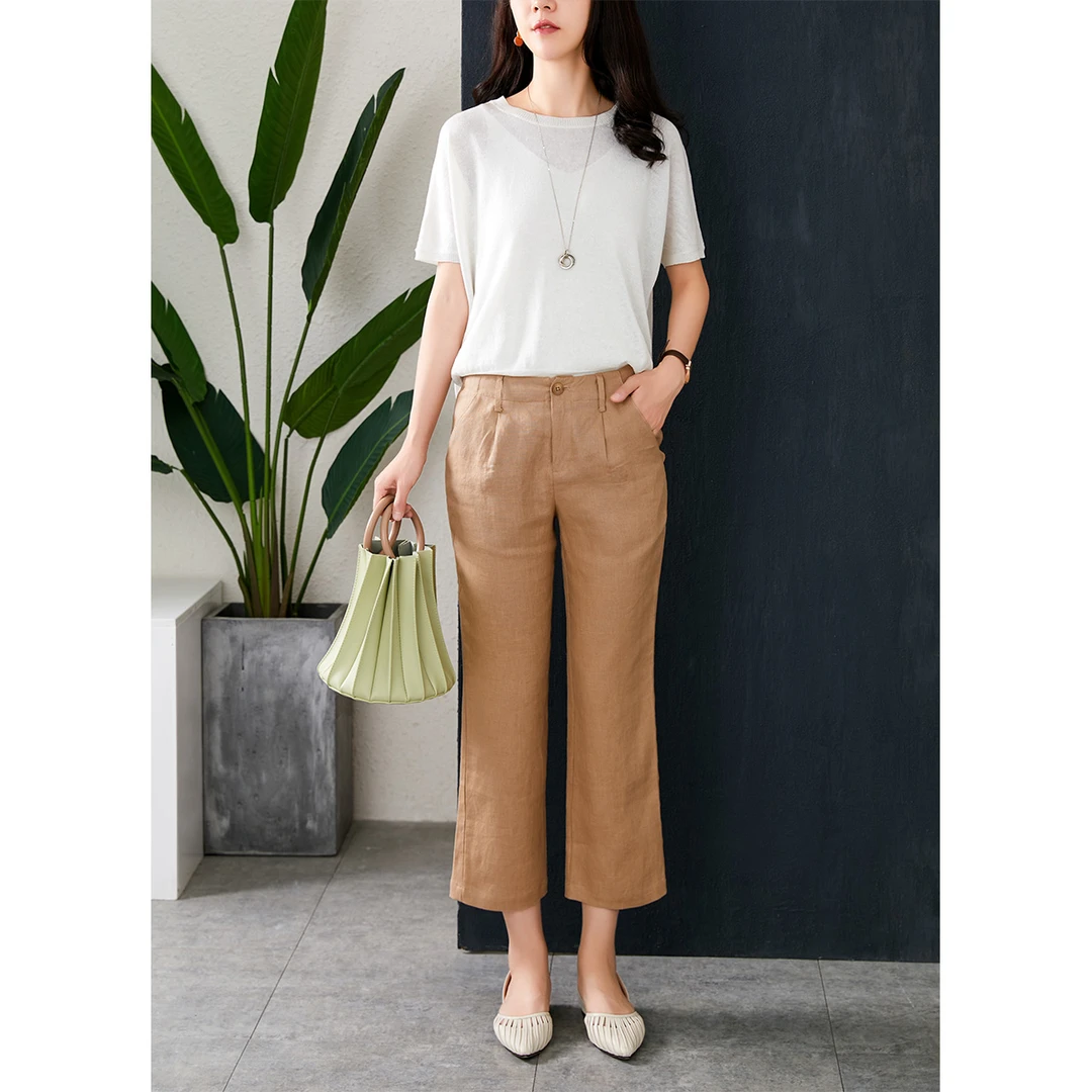 原形时尚高腰亚麻九分裤2025春夏薄款休闲裤U62311