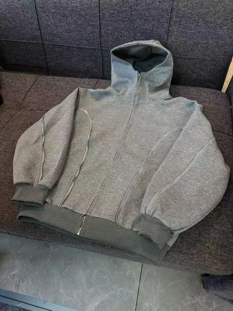 A236 美式复古拉链设计灰色开衫卫衣男女秋季宽松连帽外套潮