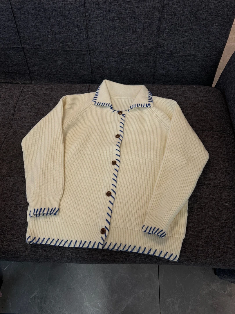 A262  冰岛蓝高克重手工撞色针织开衫毛衣