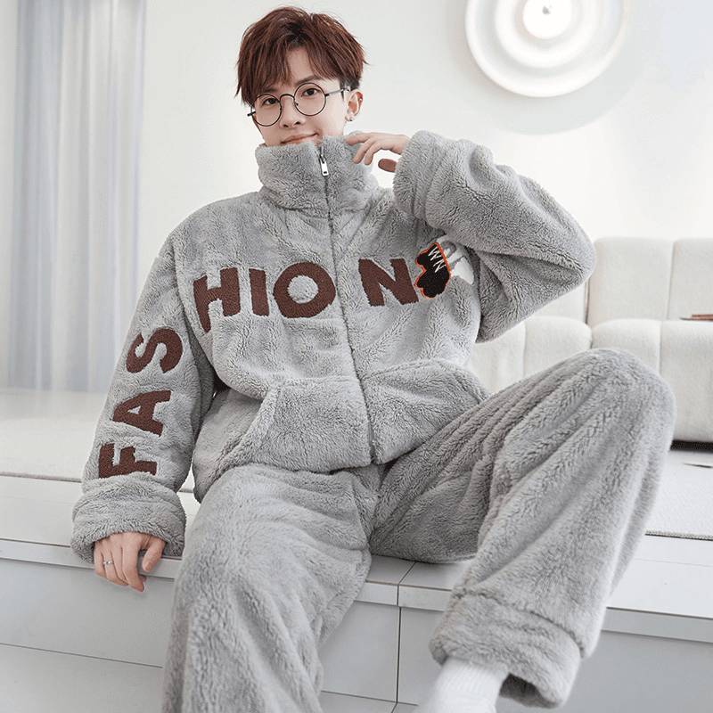 男士睡衣秋冬季珊瑚绒加绒加厚保暖男款青少年大尺码冬天家居服套