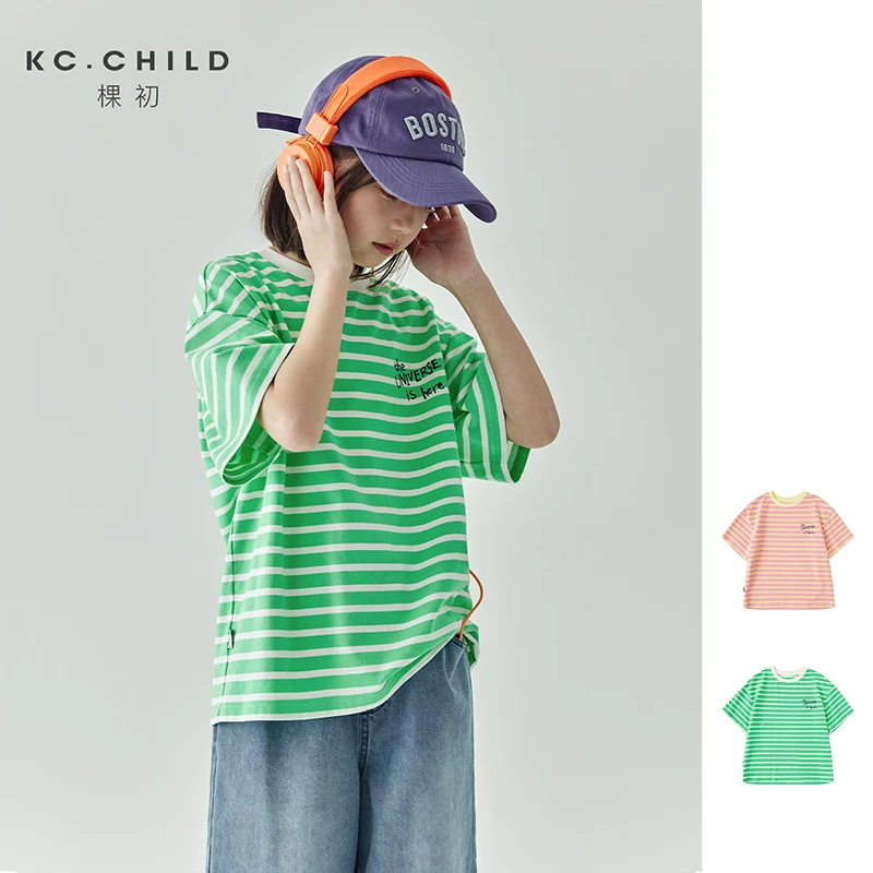 棵初24春夏新品儿童彩条印花短袖T恤亲子装简约条纹圆领上衣