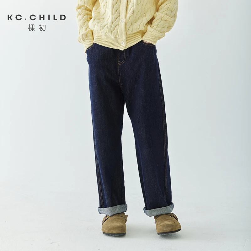 棵初2024新款童装秋季不落色复古牛仔裤中大童撞色明线直筒廓形裤
