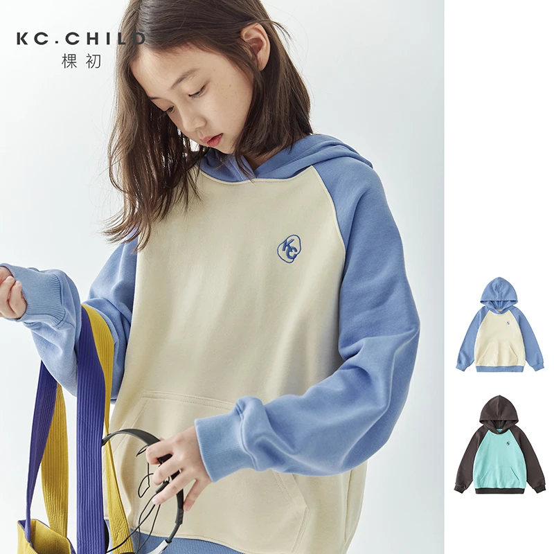 棵初2024新品秋季童装插肩拼色连帽卫衣亲子款全棉休闲套头上衣