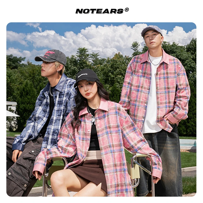 Notears 没有眼泪 春秋格纹长袖宽松衬衫情侣款上衣6632