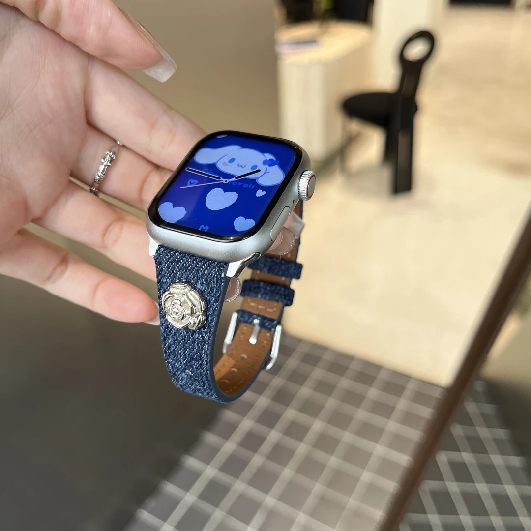 【牛仔山茶花】复古做旧牛仔布休闲表带适用于iwatch6789苹果10代