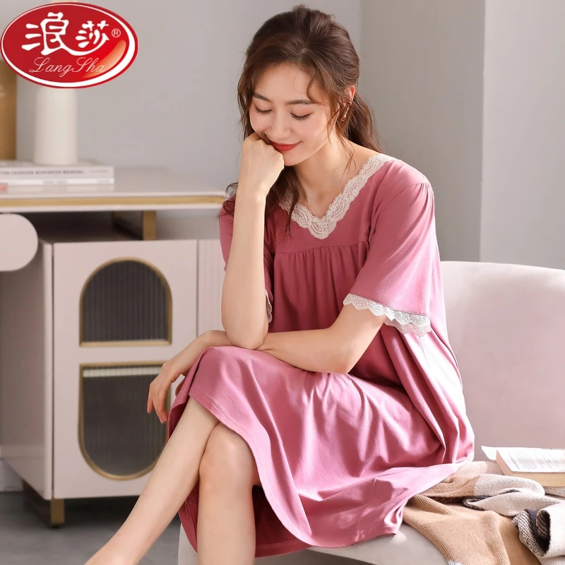浪莎夏季中长款短袖薄款韩版宽松过膝连衣裙家居服高档莫代尔棉睡