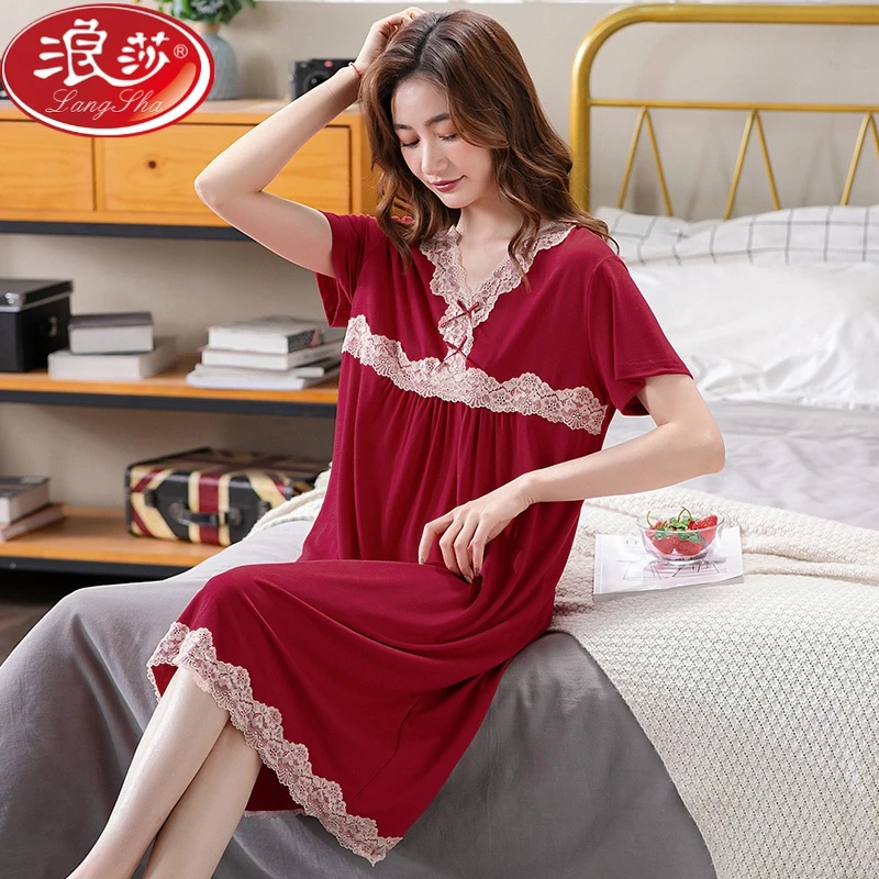 浪莎本命年红色睡裙女士夏薄款莫代尔短袖中长款家居服睡衣连衣裙