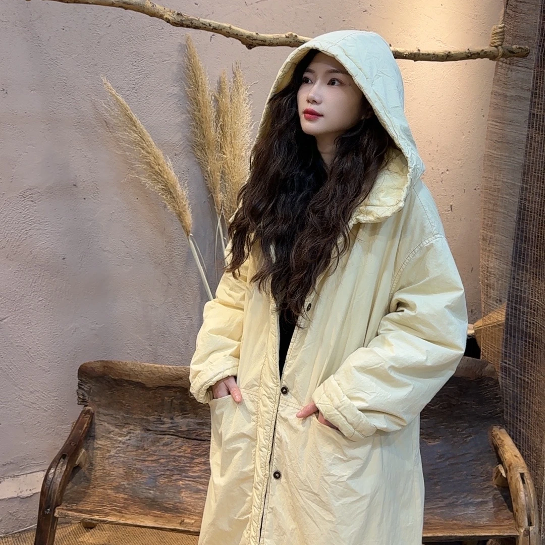 特2410814忆古朴拙冬季纯棉成衣染保暖棉衣宽松连帽中长款棉服