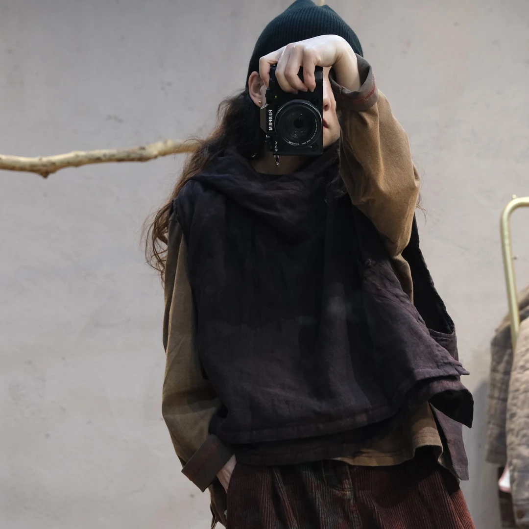 特2401高品双层亚麻连帽盘扣宽松马夹复古做旧文艺百搭背心