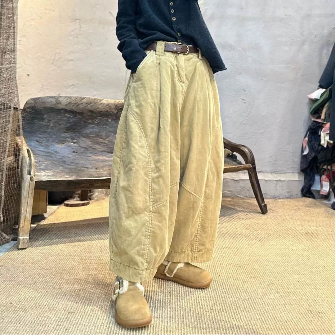 2410435忆古朴拙冬季纯棉条绒夹棉休闲裤复古做旧压线八分棉裤