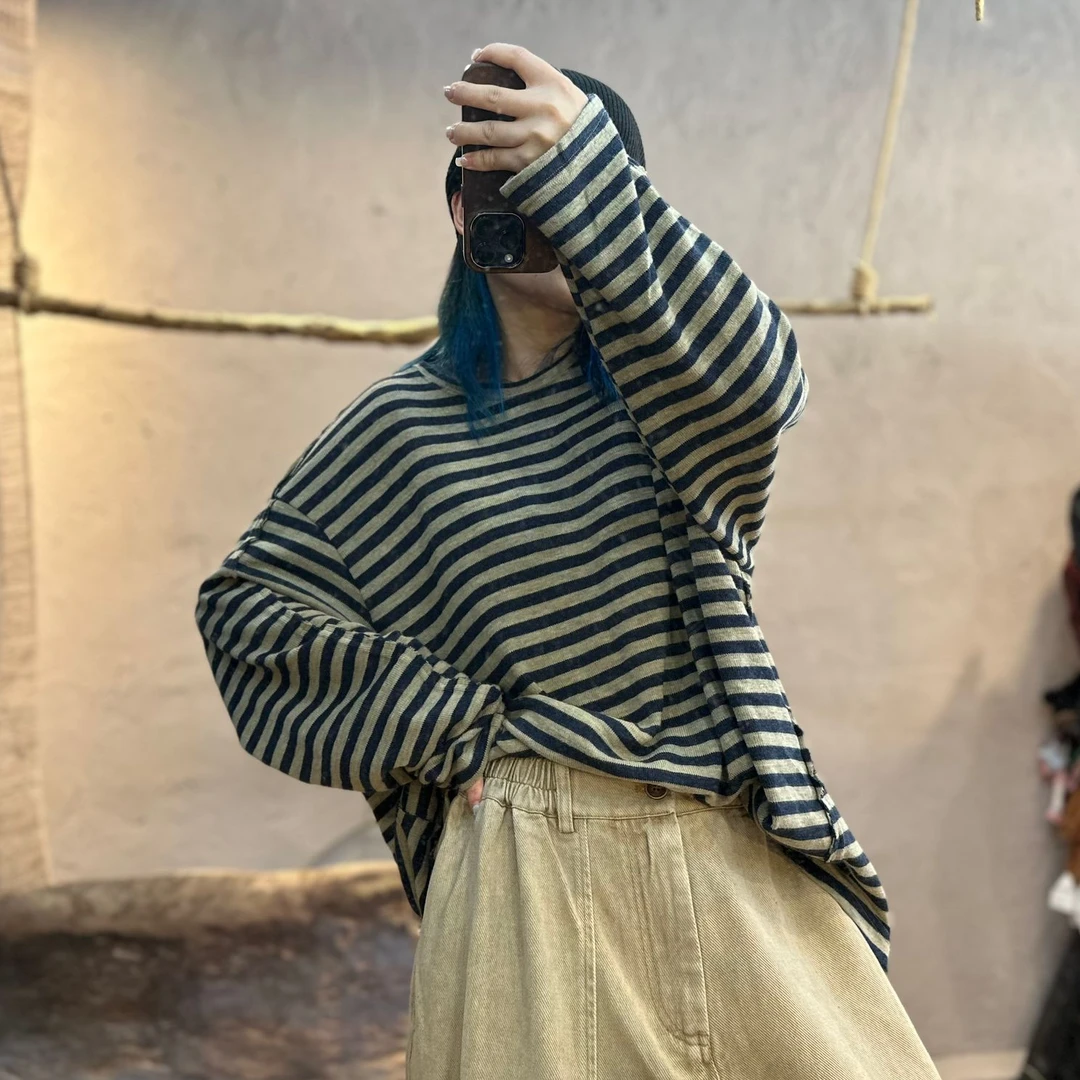 08336疯子张秋季纯棉做旧条纹针织衫复古百搭圆领套头卫衣女