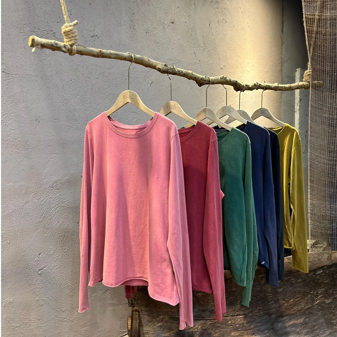 5681半隐微尘秋季纯棉做旧多色百搭t恤纯色简约休闲文艺长袖上衣