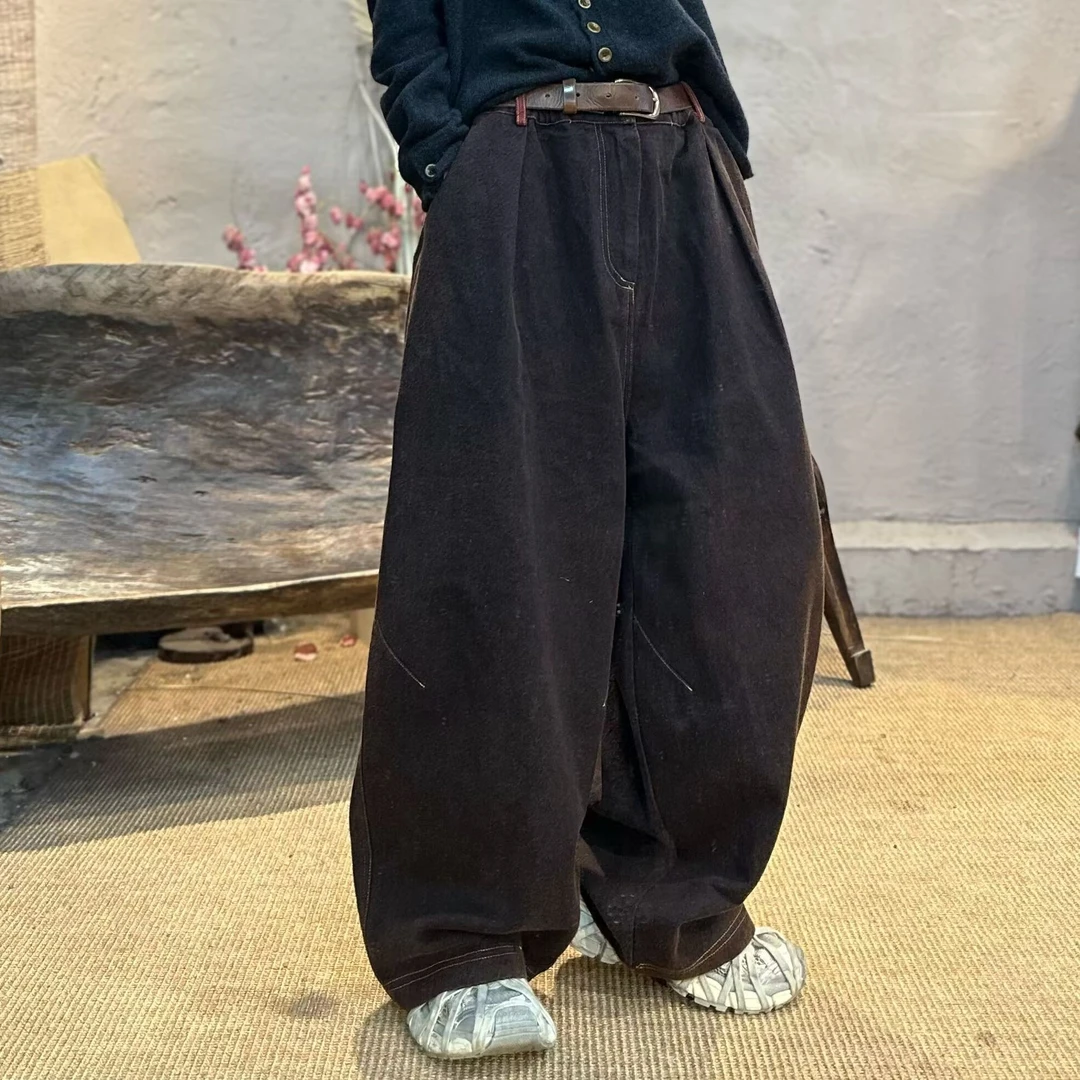 08363疯子张秋季色织棉麻宽松阔腿直筒裤复古做旧百搭显瘦休闲裤