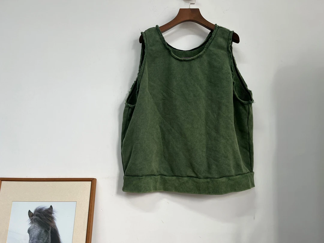 特35364荼高品秋季复古做旧纯棉圆领马甲简约百搭宽松休闲背心