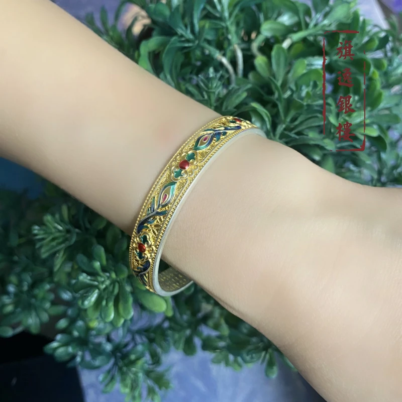 足银手镯 9999描金凤凰翎羽手镯轻奢复古手镯国风珐琅彩手镯80612