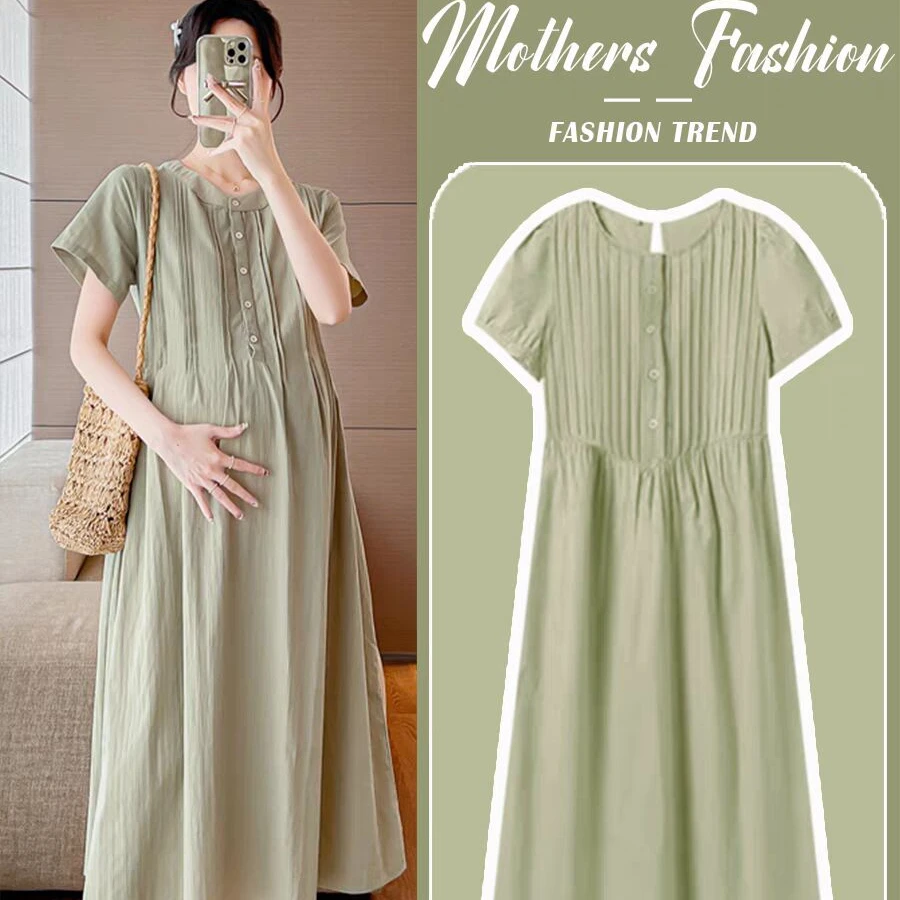 孕妇连衣裙夏季短袖2024新款高级感显瘦宽松过膝夏装开扣显白裙子
