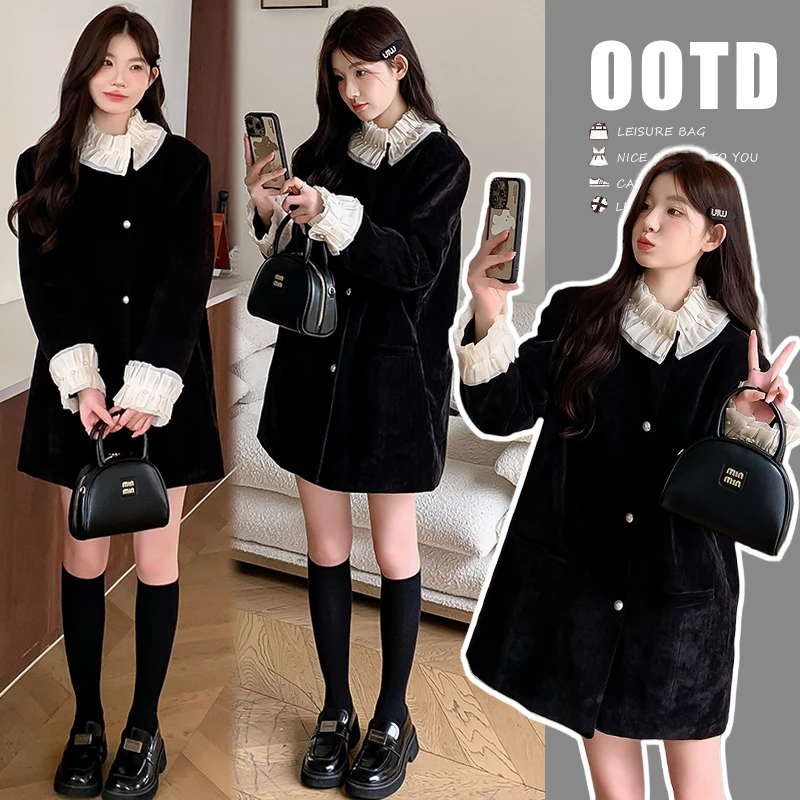 黑色小香风毛呢外套女冬季新款孕妇时尚高级感宽松中长款西装大衣