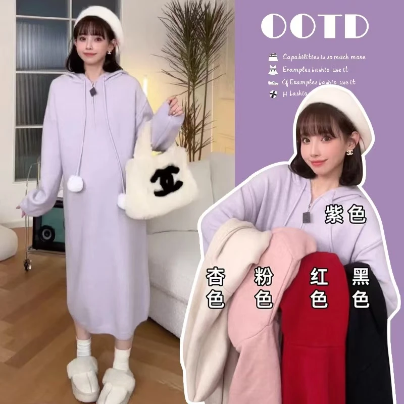 孕妇连衣裙秋冬款时尚甜美百搭宽松连帽毛衣裙中长款冬季加厚潮妈