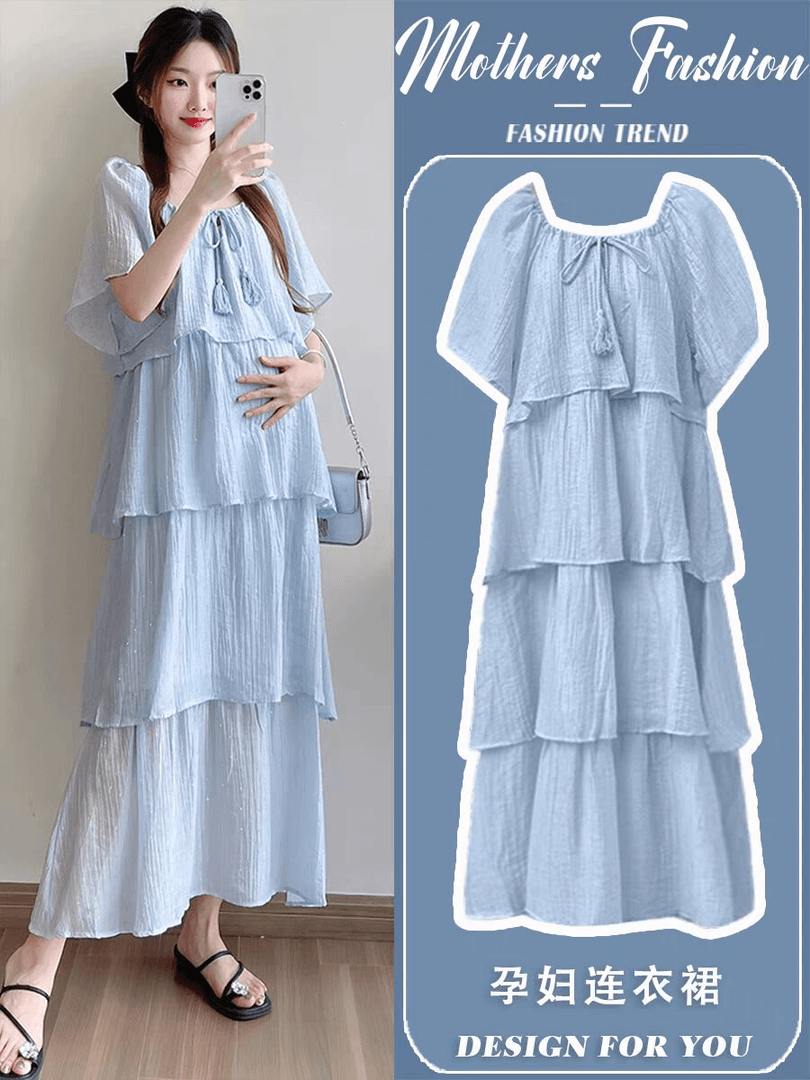 孕妇连衣裙夏季2024新款法式温柔风宽松甜美减龄薄款短袖蛋糕裙女