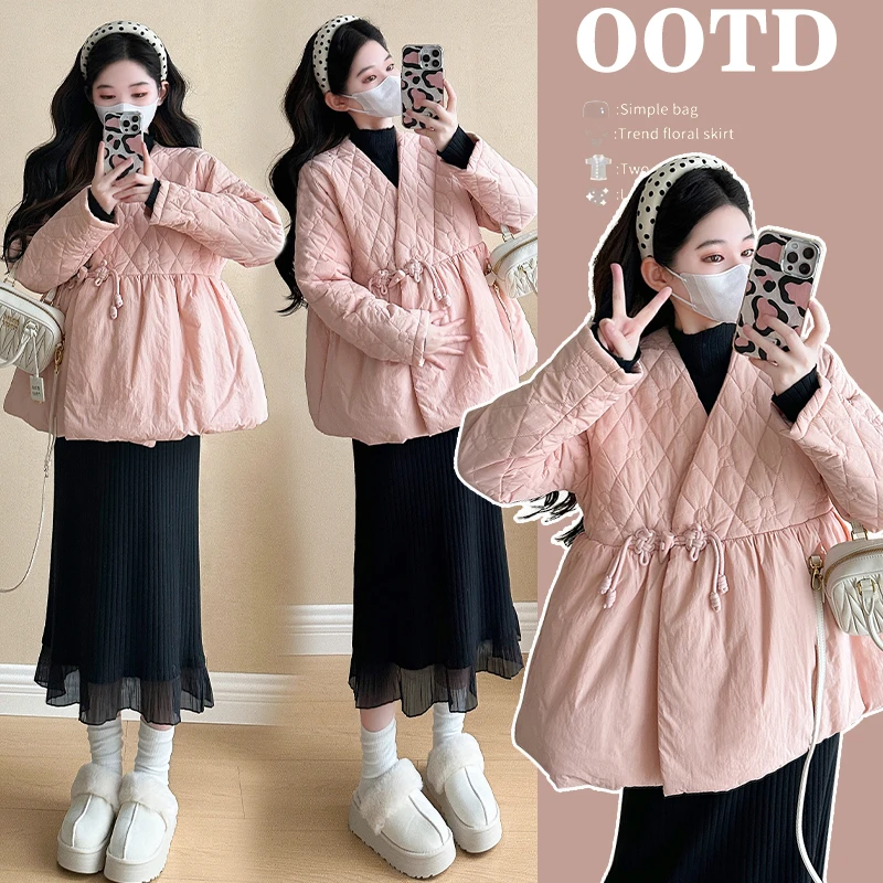 孕妇连衣裙秋冬小个子新中式过年战袍冬季两件套国风宽松粉色高级