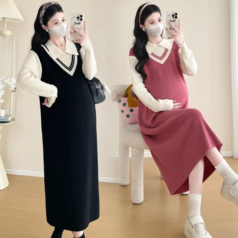 孕妇装秋冬季连衣裙2024新款polo领拼接假两件针织打底裙时髦长裙
