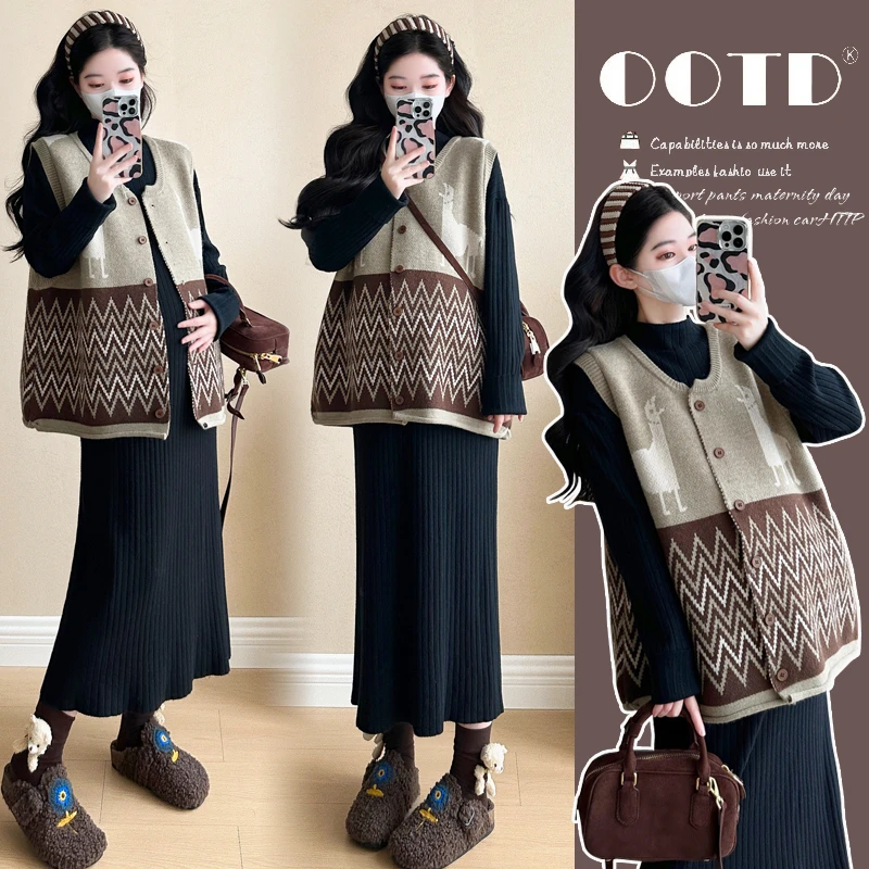 孕妇针织连衣裙秋冬装复古文艺风提花背心马甲打底毛衣裙子两件套