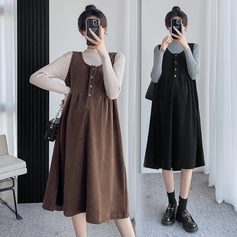 时尚韩版孕妇装秋装2024秋冬新款减龄背带裙宽松中长款孕妇连衣裙