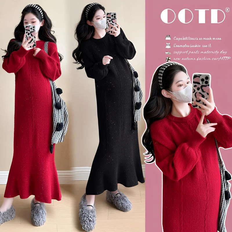 孕妇装2024新款秋冬法式黑色针织连衣裙女冬季加厚中长款鱼尾裙子