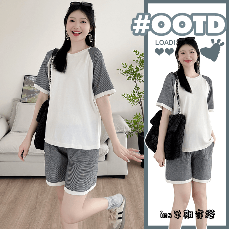 孕妇2024新款夏装套装时髦遮肚子不显怀上衣短袖女时尚两件套潮