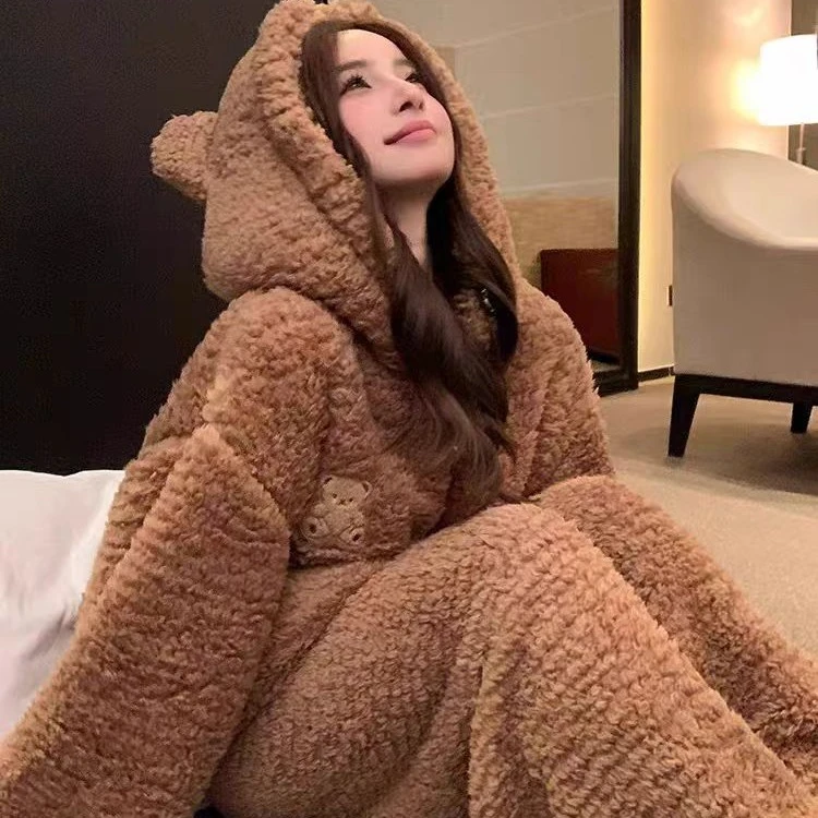 孕妇卡通小熊珊瑚绒保暖长袖睡衣时尚女秋冬加绒加厚家居服两件套