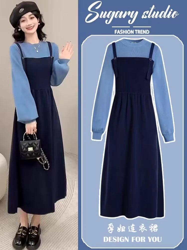 孕妇连衣裙春秋2025新款针织拼接冬季小个子气质高级感毛衣裙子女