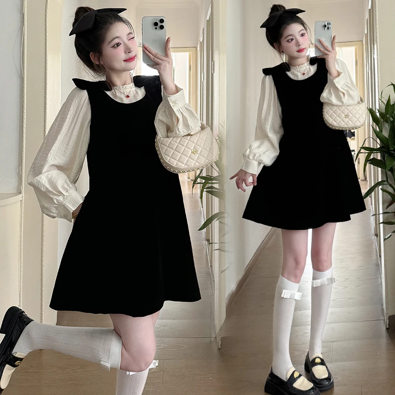 孕妇装2024新款秋装连衣裙时尚大码背心裙衬衣上衣秋冬时髦两件套